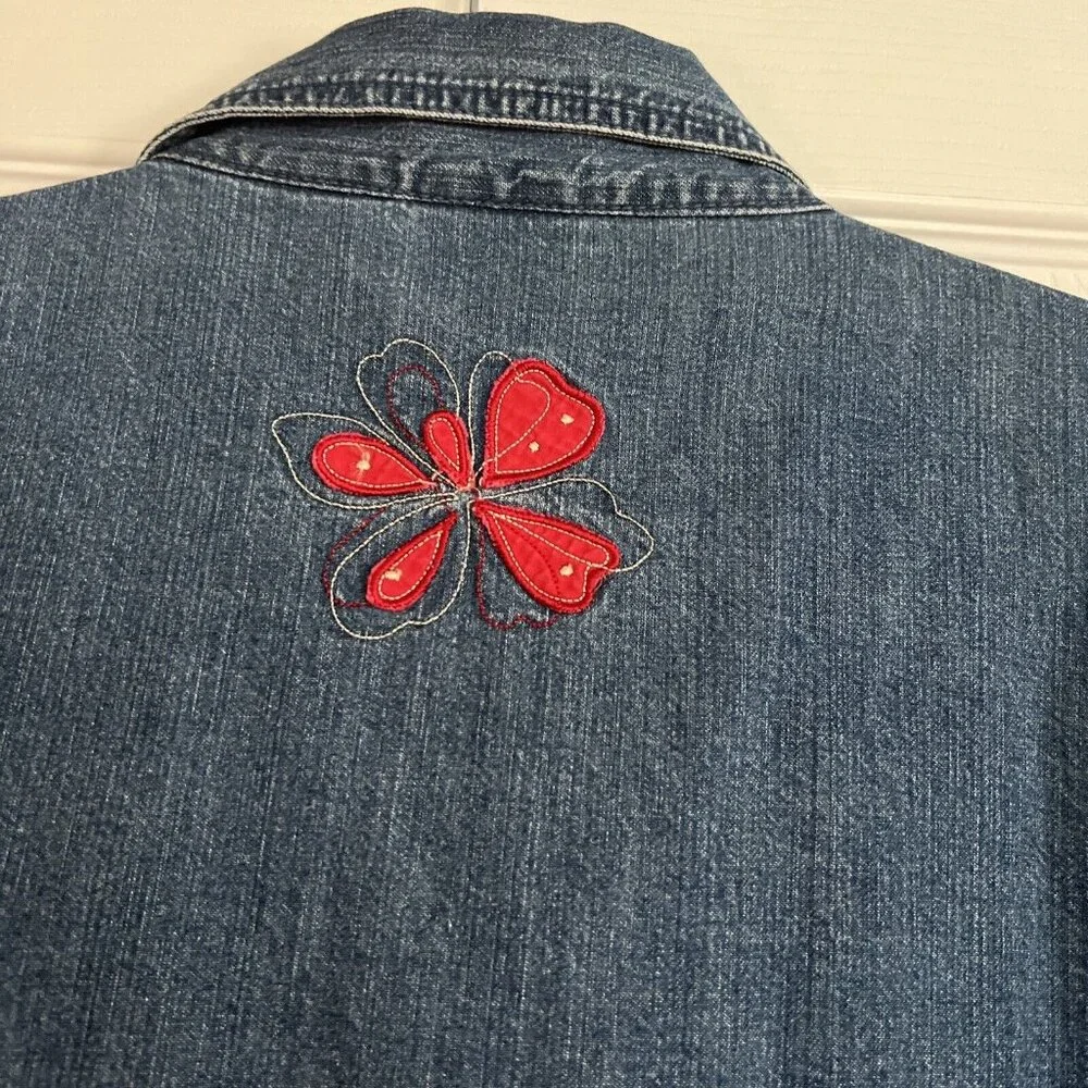 VTG Bobbie Brooks Womans XL Denim Flower Patch Embroidery Button Shirt Jacket - Picture 10 of 14